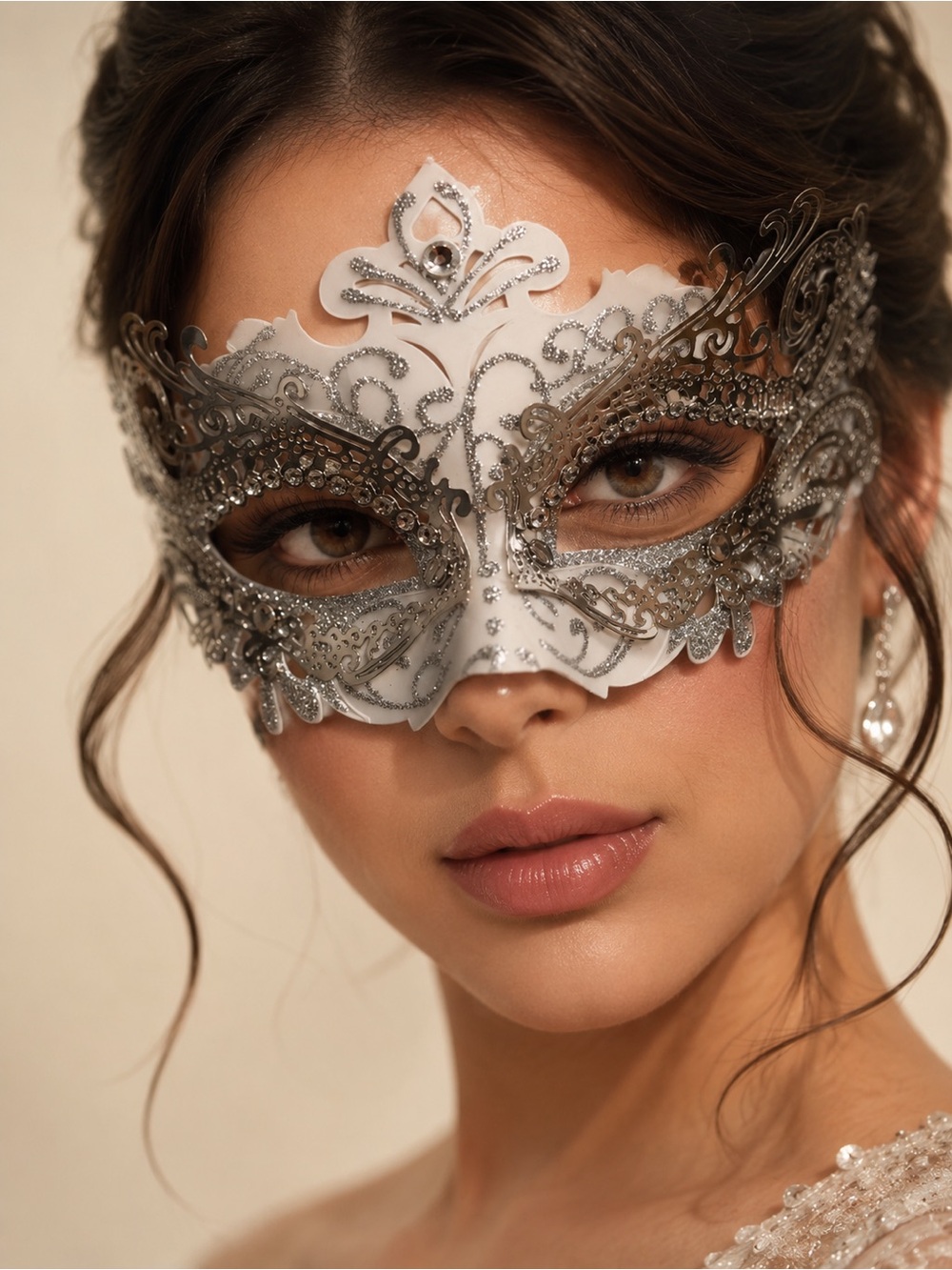 Women’s White and Silver Filigree Masquerade Mask Elegant Halloween Fantasy